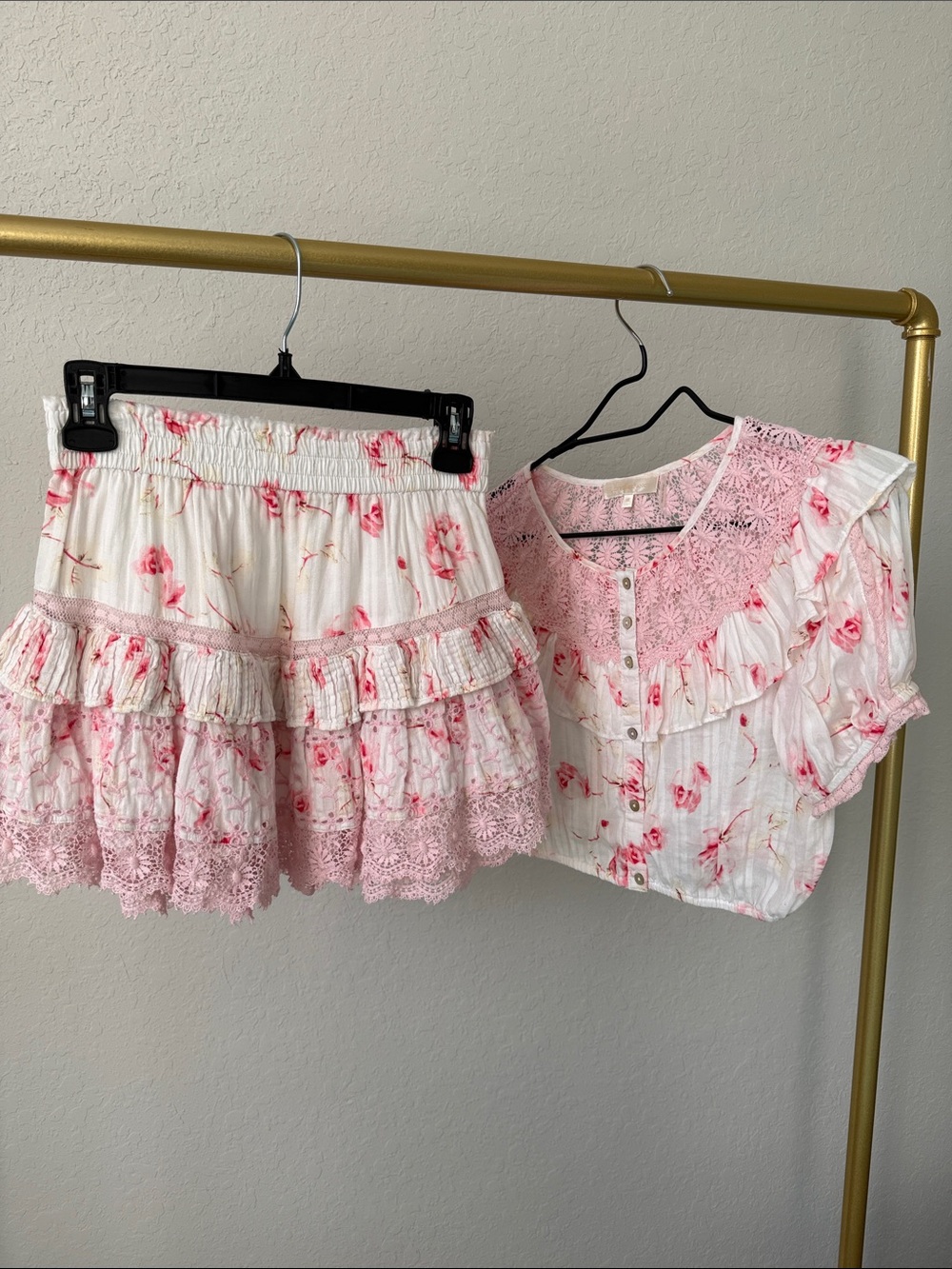 LoveShackFancy Pink & White Floral Mini Skirt and Top Set